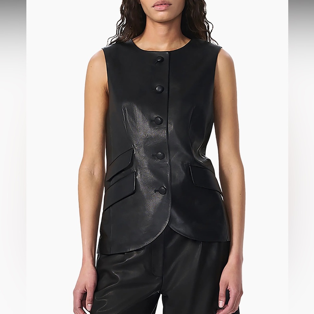 rag & bone Black Sleeveless Leather Buttoned Vest